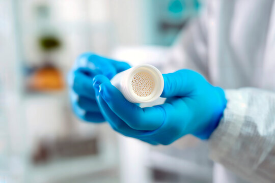Hands in blue gloves holding a white cylindrical honeycomb filter.
