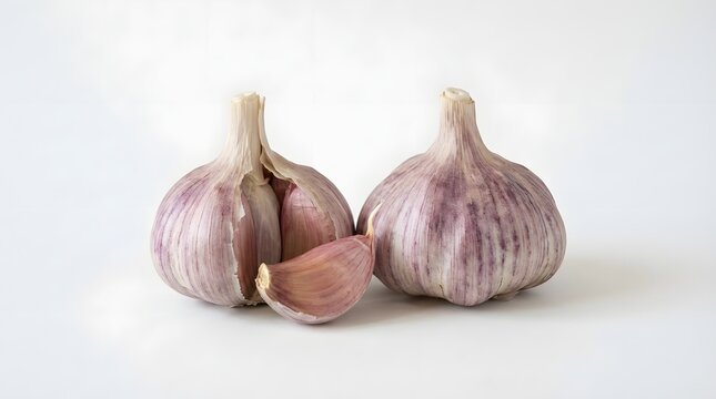 Fresh Organic Purple Garlic Bulbs with a Single Clove Isolated on a Plain White Background. High Quality Culinary Ingredient for Cooking, Healthy Diet, Spices, and Mediterranean Food Photography.