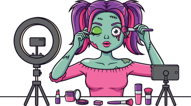 Cartoon zombie beauty vlogger applying makeup with brushes and palette while streaming tutorial using ring light setup