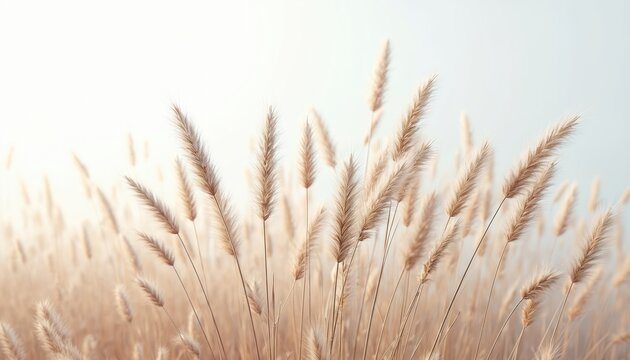 Soft focus view of fluffy beige reed grass stems swaying gently. Dried pampas grass blooms against a bright sky. Natural botanical background for serene scenes.