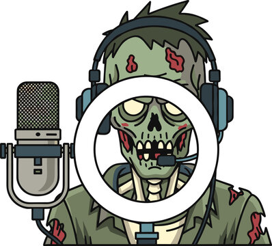 Cartoon zombie broadcaster character in torn clothing with headset speaking into microphone and ring light smartphone setup
