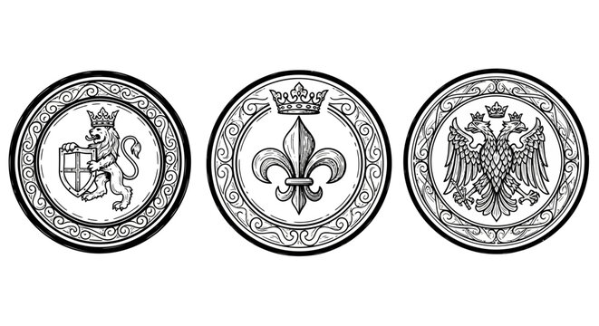 Regal emblems: intricate heraldic designs featuring lion, fleur-de-lis, and double-headed eagle