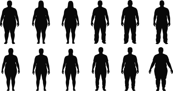 Body type silhouette set, male female figures collection, diverse human shapes vector, overweight slim people, black silhouette icons, isolated illustration design