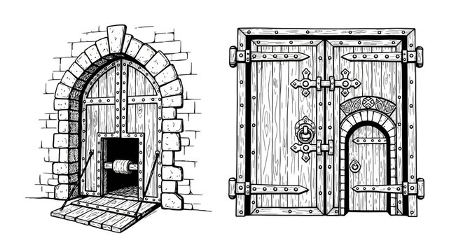 Medieval castle wooden doors with metal hinges and stone archway
