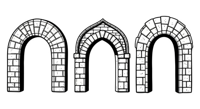 Historic stone arches: roman, gothic, and medieval architectural designs on white background