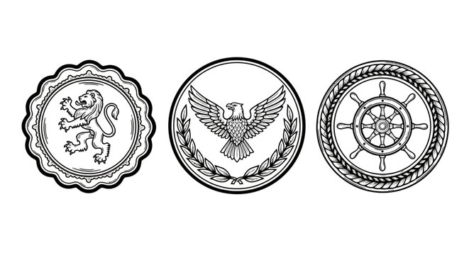Elegant circular emblems featuring lion, eagle, and nautical ship wheel