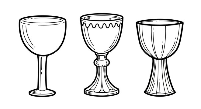 Set of hand-drawn chalices with unique designs in black and white