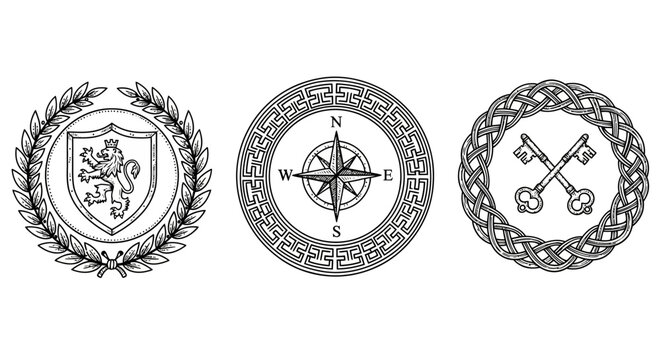 Vintage emblems featuring lion crest, compass rose, and key motif in black and white design