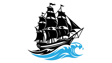 Black silhouette of a grand sailing ship with full sails and blue stylized waves tall ship silhouette maritime historical © Md