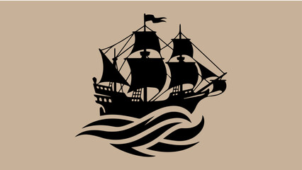 Silhouette of a large sailing ship with multiple masts and sails against a beige background with stylized waves, tall ship © Md