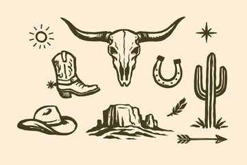 Western cowboy doodle vector illustration with bull skull, boot, cactus, horseshoe and desert hand drawn icons © Saad Hassan