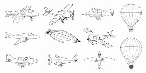 Collection of vintage aircraft and airships in simple line drawing style © Barsha