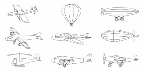 Line drawing of various air vehicles including planes balloons and helicopters © Barsha