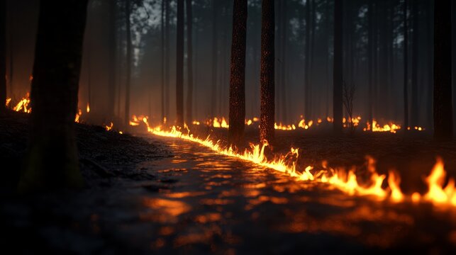 Forest fire spreading in a dense woodland captured at dusk dramatic nature scene fiery environment low angle view for maximum impact