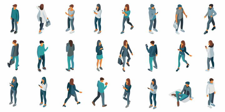 Isometric illustration of diverse people walking and using mobile devices