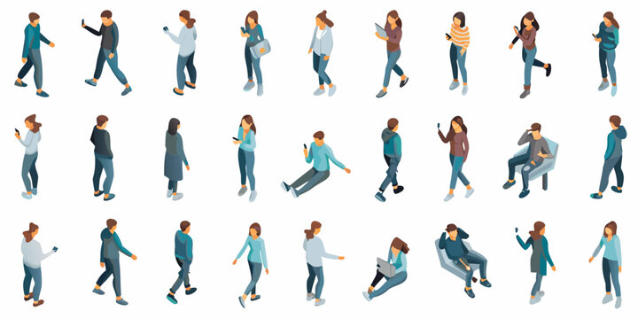 Isometric illustration of diverse people using mobile phones and technology