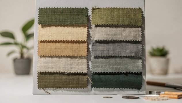 Medium shot focusing on ripstop fabric swatches displayed neatly on a board emphasizing durability and ecofriendly plantderived textile innovation.