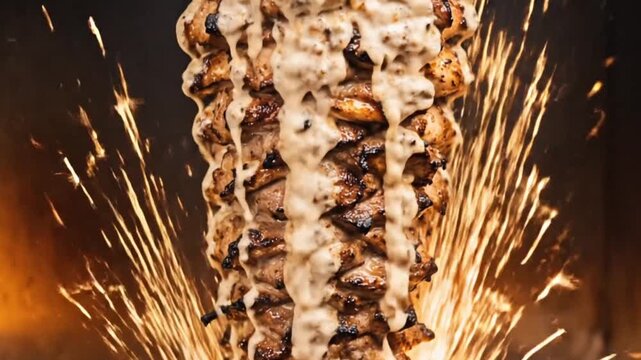 Delicious Chicken Shawarma or Doner Kebab Roasting on Vertical Rotisserie with Fire and Sparks,