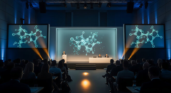 A scientific conference or presentation taking place in a large, dimly lit hall with a speaker on stage and molecular structures displayed on multiple screens.