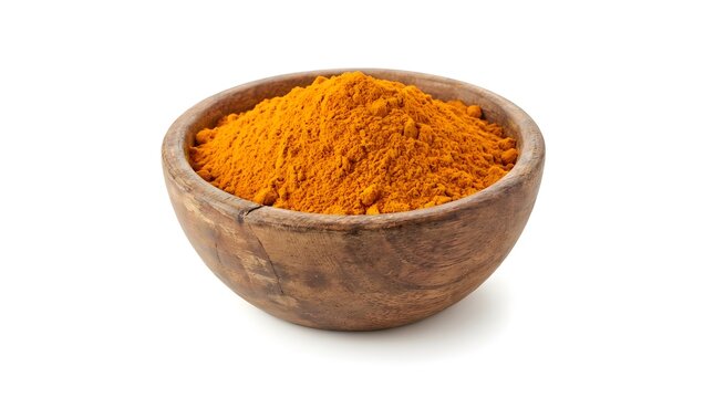 High Quality Organic Turmeric Powder in a Rustic Wooden Bowl Isolated on White Background. Healthy Ayurvedic Spice for Indian Cooking, Culinary Seasoning and Natural Herbal Supplement Ingredient.