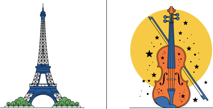 Paris Eiffel Tower and violin vector illustration set with travel landmark and music art design