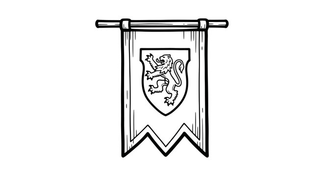 Heraldic banner with lion shield in black and white linear style