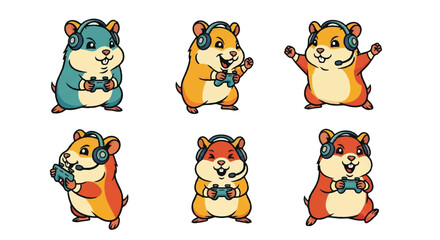 Cartoon hamsters with headsets and gamepads isolated on white background © HALEDS