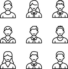 Fototapeta premium avatar icon set, people line icons, user profile collection, minimalist outline characters, business team avatars, modern vector illustration, flat design style