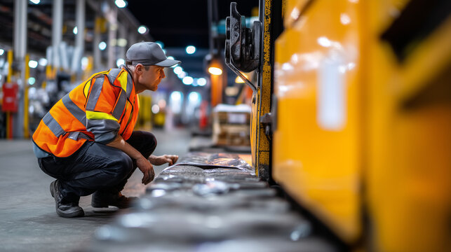 Loading dock worker checking hydraulic lift mechanism under fluorescent lights during night shift, reflective vest detail and concrete floor texture, perfect for workplace safety t