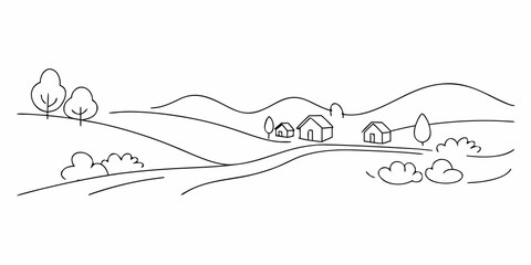Simple line drawing of a rural landscape with houses and rolling hills © Barsha