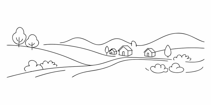 Simple line drawing of a rural landscape with houses and rolling hills