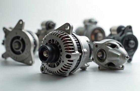Collection of automotive alternators and starters. These car engine parts are crucial for vehicle power systems. They enable starting and electrical charge. Essential auto components for repair.