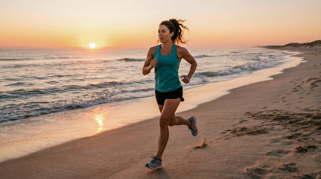 Mujer atl&eacute;tica corriendo descalza por la orilla de la playa durante un c&aacute;lido atardecer, transmitiendo libertad, bienestar y una vida saludable en un entorno natural costero.