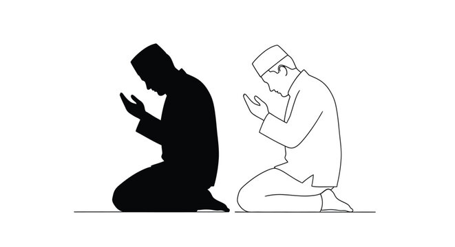 Two muslim men praying one in full silhouette