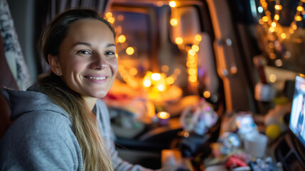 Obraz premium Truck driver enjoying video call with children from cab during overnight layover, warm cabin lighting and personal items creating home atmosphere on the road, ideal for work life b