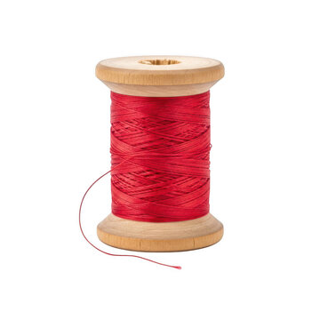 Red thread wound on natural wooden spool isolated on transparent background