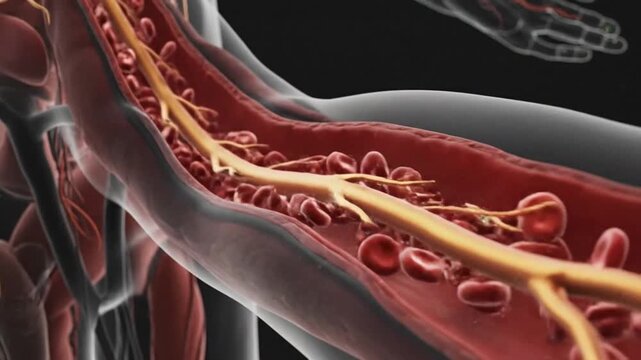 An illustration depicts a human artery with plaque buildup in a medical setting showing a blocked vessel.