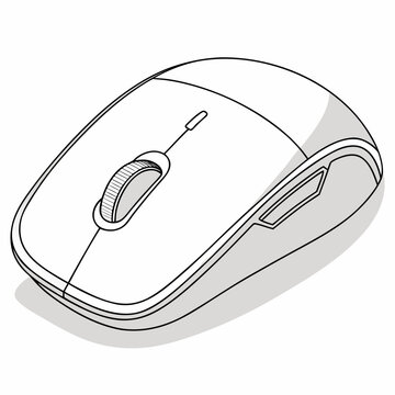 A simple black and white line drawing depicts a modern computer mouse with a scroll wheel and left click button high quality