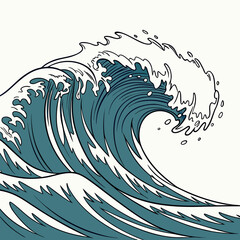Fototapeta premium A striking illustration captures a large curling ocean wave in a vintage japanese woodblock print style showcasing dynamic movement high quality professional