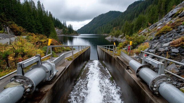 Pumped hydro storage reservoir during release cycle, water rushing through penstock tunnels, upper and lower lakes visible in mountain valley, evergreen forest surrounding, ideal f