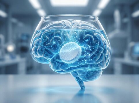 Cognitive Enhancement Pill Dissolving in Glass Brain with Blue Liquid Bubbles, Nootropic Drug Concept