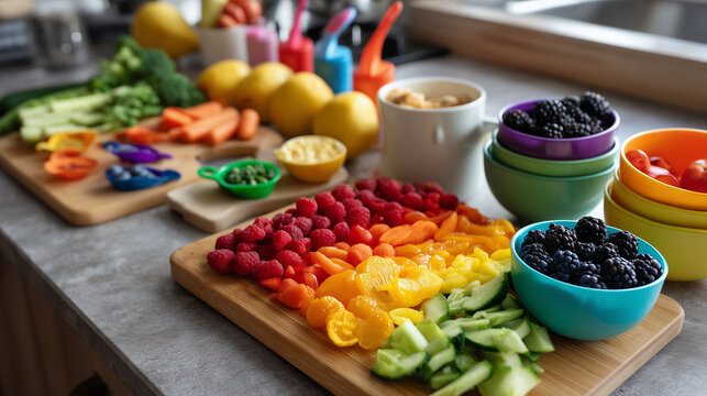 Kids preparing healthy snack rainbow on cutting boards, whole fruits and vegetables arranged by color, measuring cups teaching portions, sunlit kitchen counter workspace, perfect f