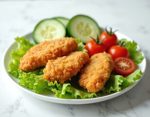 Fototapeta premium Crispy chicken fingers served with fresh salad on white plate. Side of cucumbers and tomatoes complement chicken strips and lettuce. Delicious homemade meal for lunch or dinner.