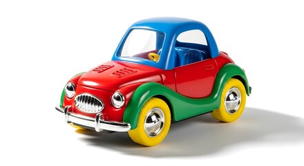 Fototapeta premium Colorful vintage toy car isolated on white background with soft lighting