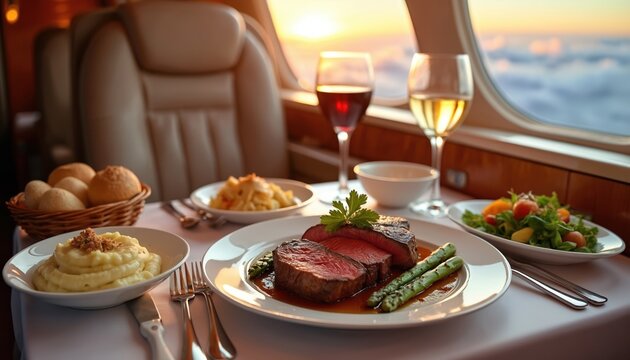 Fine dining meal served on private plane. Sliced steak with asparagus and mashed potatoes. Salad, bread, wine served by window. Luxury flight dining at sunset.