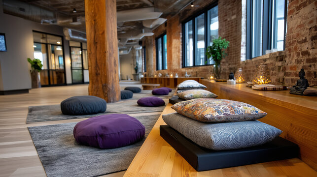 Industrial warehouse converted into wellness retreat space, exposed brick walls frame yoga mats and meditation cushions where burnout recovery workshop participants gather, perfect