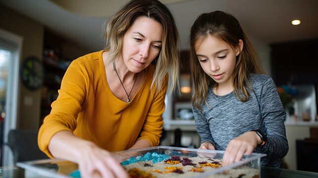 Mother and adult daughter build miniature zen garden together on dining table, raking sand patterns for resilience practice during family therapy session, perfect for intergenerati