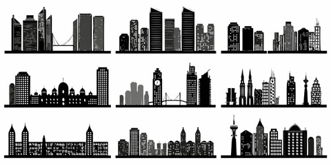 Silhouettes of iconic city skylines arranged in a grid pattern © MituRani