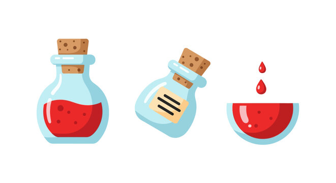 Cartoon potion bottles with red liquid and cork stoppers in flat
