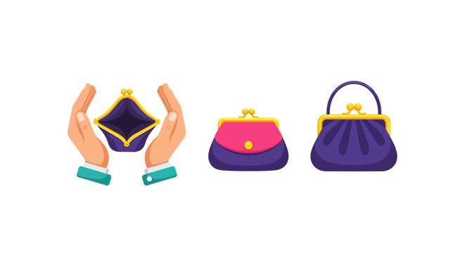 Colorful purse design with hands holding open empty wallet in flat